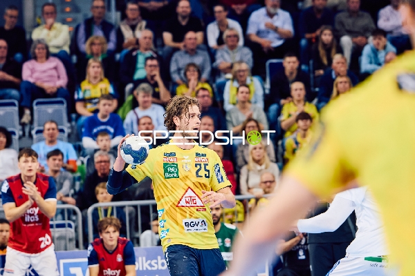 Ein Spieler der Rhein Neckar Löwen hält den Ball bereit, um einen Spielzug einzuleiten.