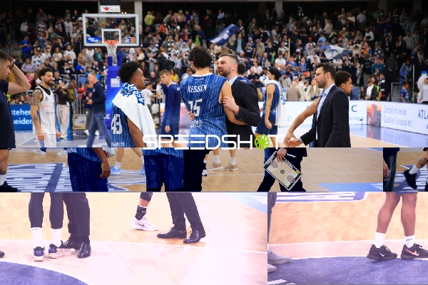 Devon Daniels (21; Veolia Towers Hamburg) und Kevin McClain (3; MLP Academics Heidelberg) mit Stanley Witt (998; Veolia Towers Hamburg)