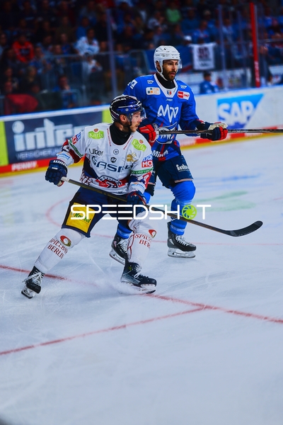 Kampf um den Puck zwischen Mannheim und Berlin