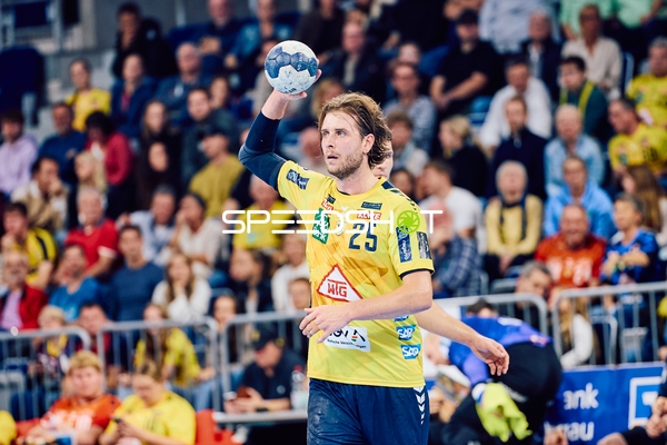 Ein Spieler der Rhein Neckar Löwen hält den Ball bereit zum Wurf.