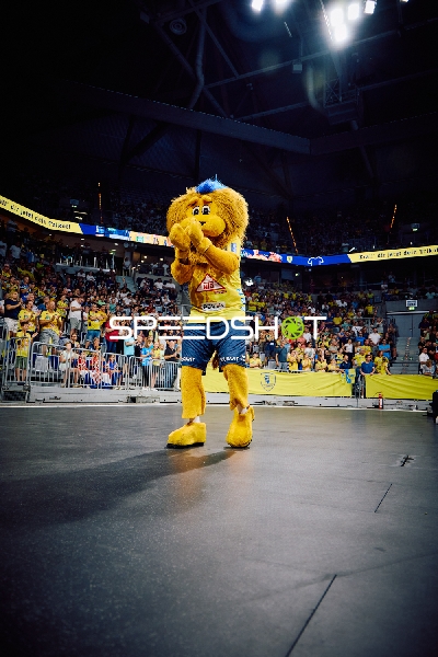 Das Maskottchen der Rhein Neckar Löwen unterhält die Zuschauer.