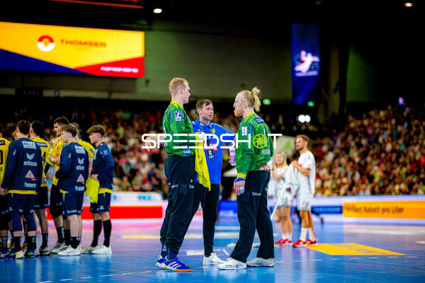 Pause mit Mikael Appelgren (1;Rhein Neckar Löwen), David Móré (15;Rhein Neckar Löwen), Patrick Groetzki (24;Rhein Neckar Löwen), Halil Jaganjac (45;Rhein Neckar Löwen)