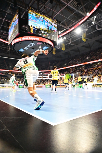 Spieler beider Teams auf dem Spielfeld in der SAP Arena