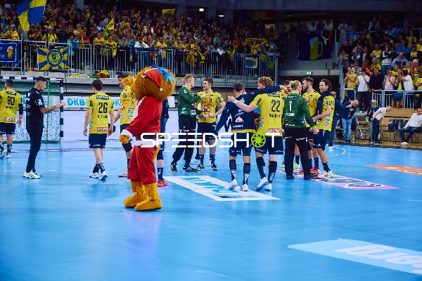 Spieler von Rhein Neckar Löwen und Maskottchen auf dem Spielfeld.