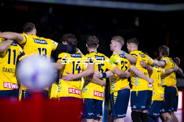 Mannschaftskreis von Lukas Sandell (11; Rhein Neckar Löwen) und Teamkollegen