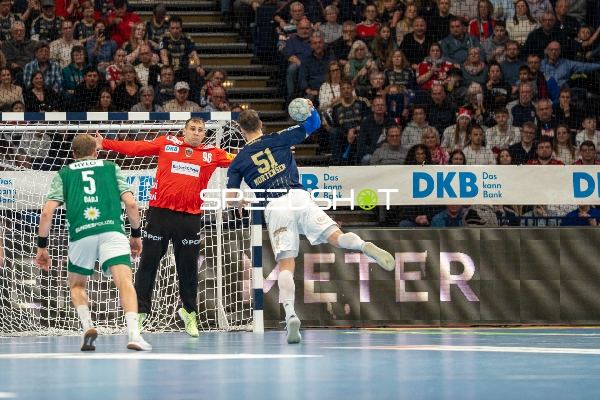 51; HSV Hamburg wirft aufs Tor, Dejan Milosavljev (96; Füchse Berlin) hält