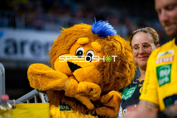 Maskottchen der Rhein Neckar Löwen mit Fans