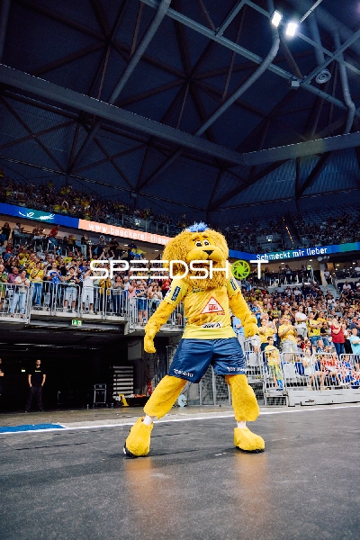 Das Maskottchen der Rhein Neckar Löwen posiert vor der Menge.