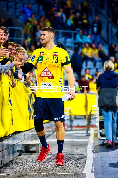 Ein Spieler der Rhein Neckar Löwen gibt den Fans die Hand.