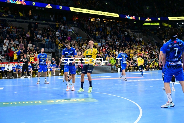 Lukas Sandell (11; Rhein Neckar Löwen) und Kai Häfner (34; TVB 1898 Stuttgart) im Gespräch