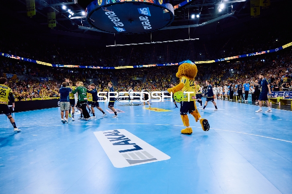 Maskottchen läuft auf das Spielfeld.