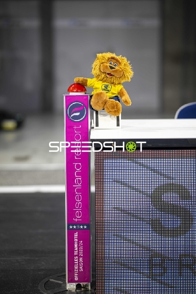 Maskottchen der Rhein-Neckar Löwen auf Werbetafel