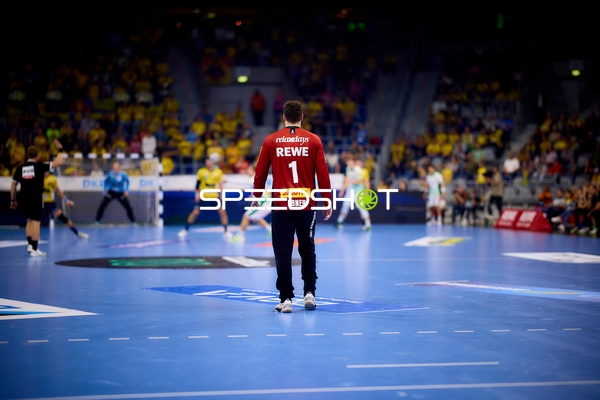 Torwart in rotem Trikot auf dem Spielfeld bei Handballspiel