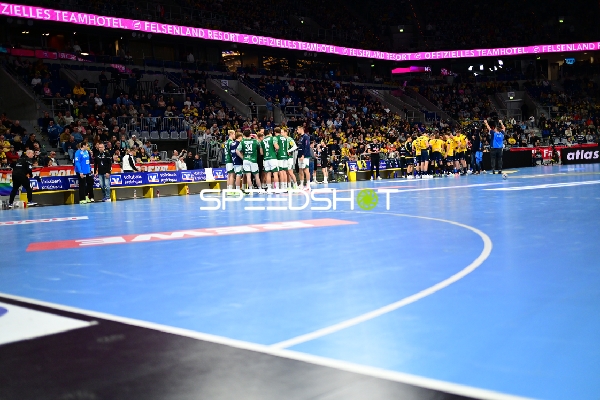 Auszeit: Mathias Larson (4; Rhein Neckar Löwen) und Manuel Štrlek (7; Füchse Berlin) besprechen Taktik