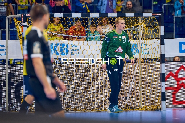 Ein Torwart, David Späth von den Rhein Neckar Löwen, steht konzentriert im Tor.