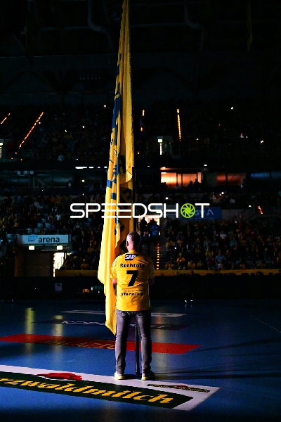 Robert Timmermeister (7; Rhein Neckar Löwen) vor Flagge in der Halle