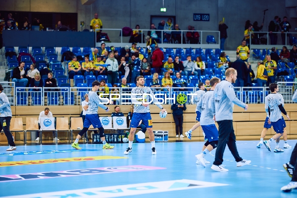 Das Team der Rhein Neckar Löwen wärmt sich vor dem Spiel auf.