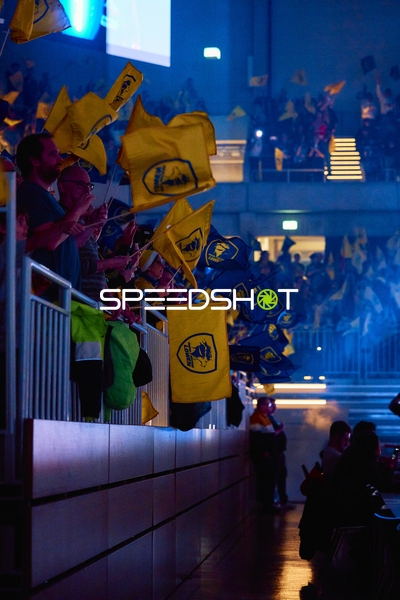 Fans im Publikum schwenken Fahnen.