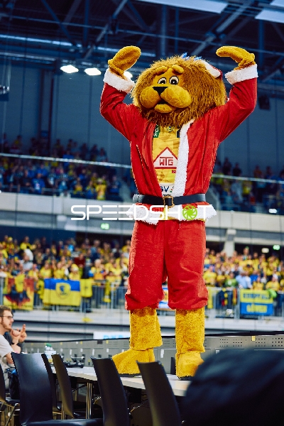 Das Maskottchen der Rhein Neckar Löwen unterhält das Publikum.