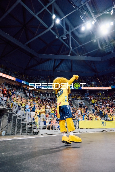 Das Maskottchen der Rhein Neckar Löwen führt eine Showeinlage vor.