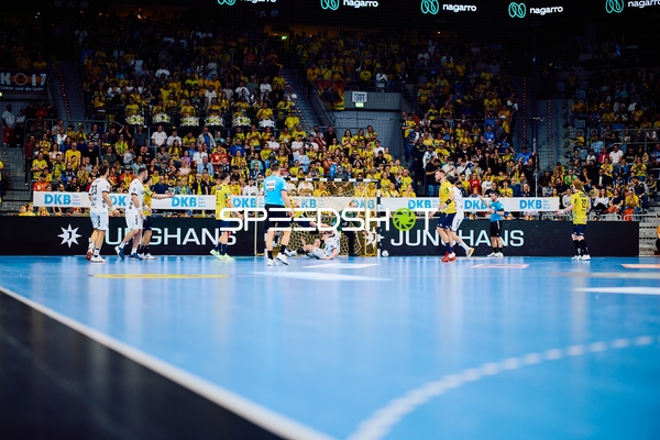 Spieler betreten das Spielfeld vor voller Tribüne