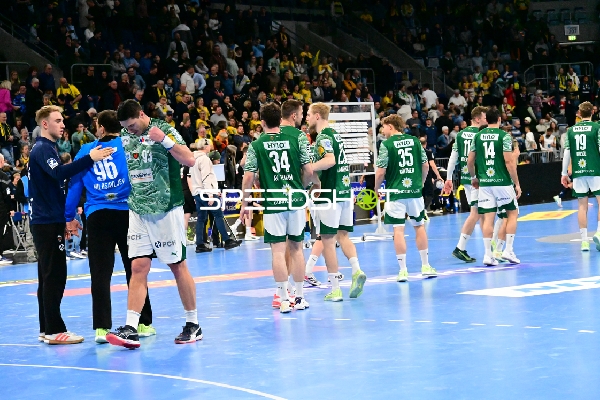 Lasse Ludwig (1; Füchse Berlin) und Mijajlo Marsenić (93; Füchse Berlin) im Gespräch