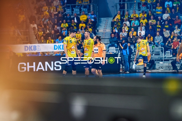 Spieler von Rhein Neckar Löwen stehen auf dem Spielfeld.