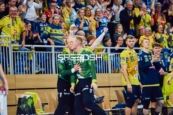 Jubel der Rhein Neckar Löwen auf der Bank