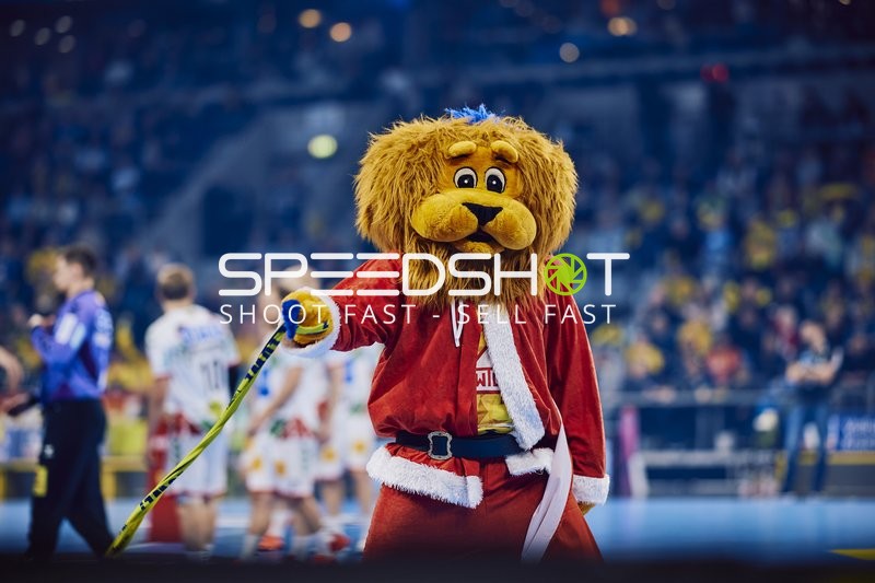 Das Maskottchen der Rhein Neckar Löwen steht auf dem Spielfeld.