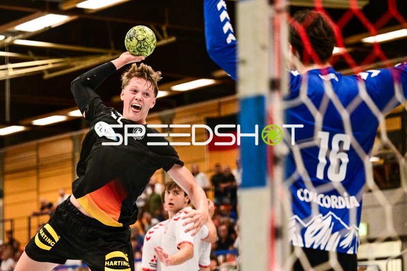 Wurfaktion eines deutschen Handballer (#12) gegen Torwart #16
