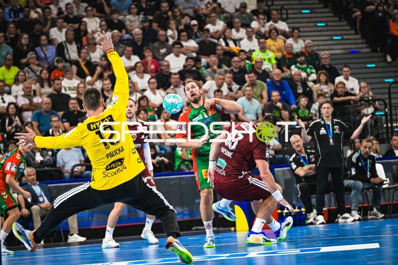 Albin Lagergren (SC Magdeburg) im Wurf gegen Andreas Palicka (#12; Füchse Berlin)
