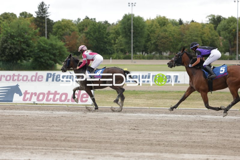 Jockey (#4) führt Rennen auf der Rennbahn Berlin Mariendorf