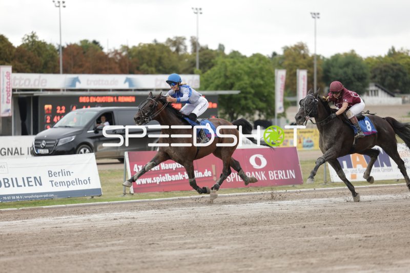 Jockey auf Pferd #1 führt das Rennen in Mariendorf an