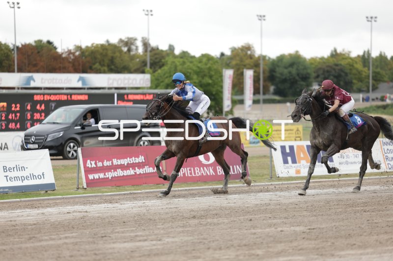 Jockey auf Pferd #1 führt das Rennen in Mariendorf an