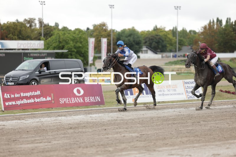 Jockey auf Startnummer 1 gewinnt Rennen auf der Rennbahn Berlin Mariendorf