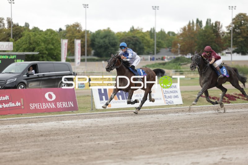 Jockey auf Pferd #1 führt das Rennen in Mariendorf an