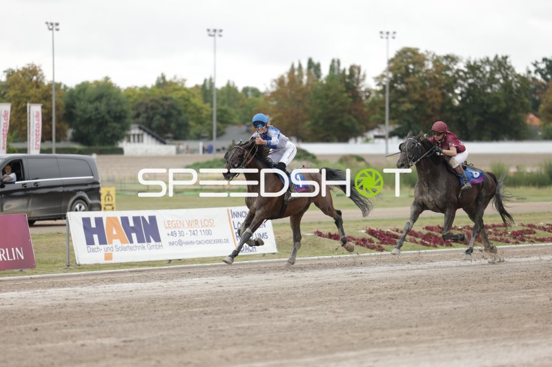 Jockey (#1) führt im Galopp-Rennen auf der Rennbahn Berlin Mariendorf