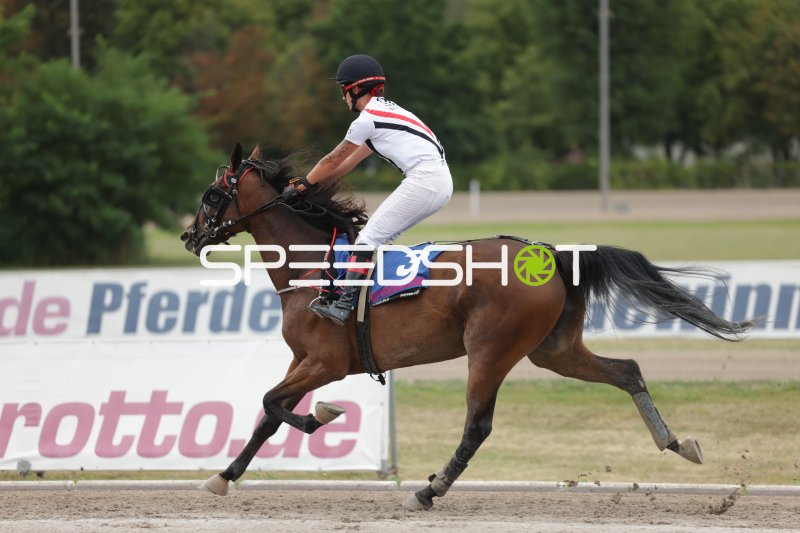 Jockey auf Pferd #3 im Galopp auf der Rennbahn Berlin-Mariendorf