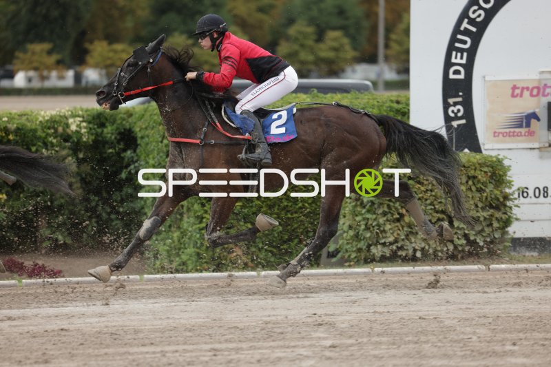 Jockey (#2; CLASSICHAP US) im vollen Galopp auf der Rennbahn Berlin Mariendorf