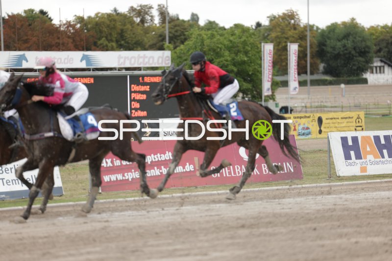 Jockey (#2) auf dunklem Pferd führt Rennen in Mariendorf an