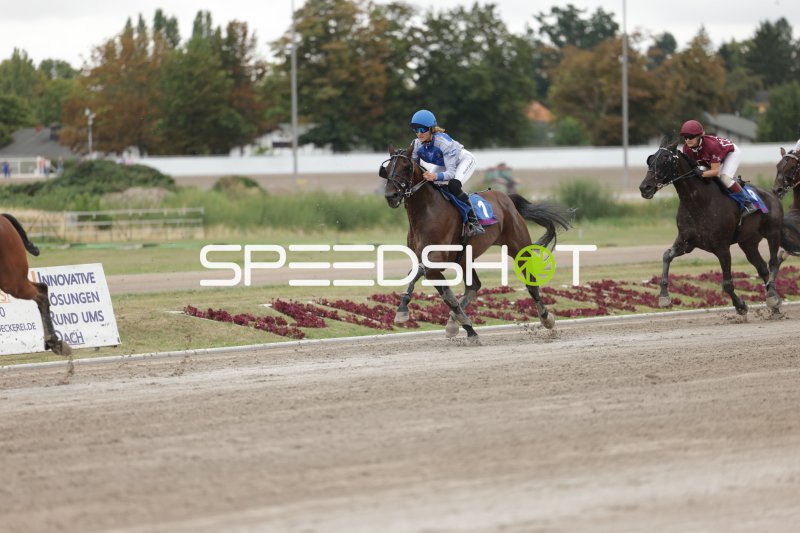 Jockey auf Pferd Nr. 1 führt das Rennen in Mariendorf an