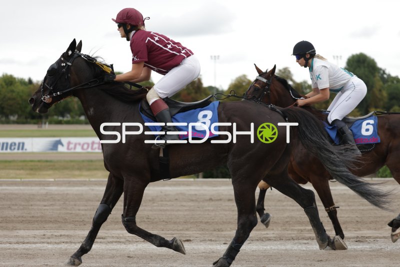 Jockey #8 führt das Rennen auf der Rennbahn Berlin Mariendorf an