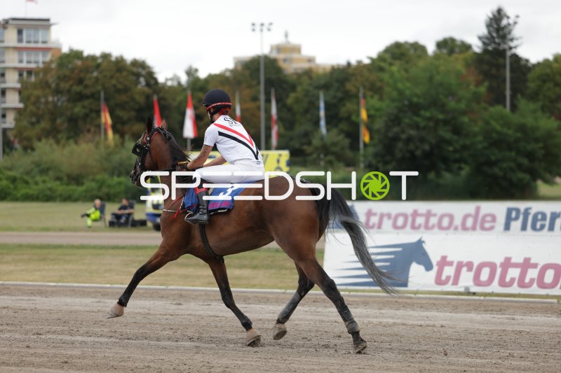 Jockey mit Startnummer 3 auf der Rennbahn Berlin Mariendorf