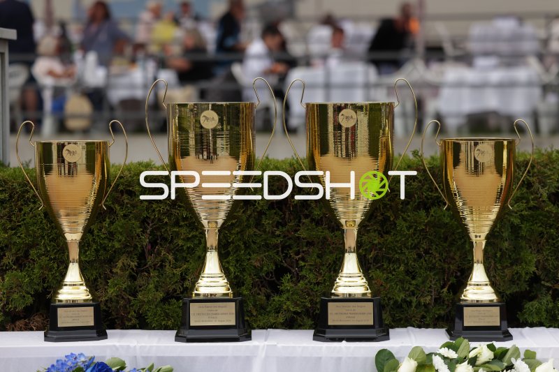 Vier goldene Siegerpokale beim Deutschen Traber-Derby in Berlin-Mariendorf