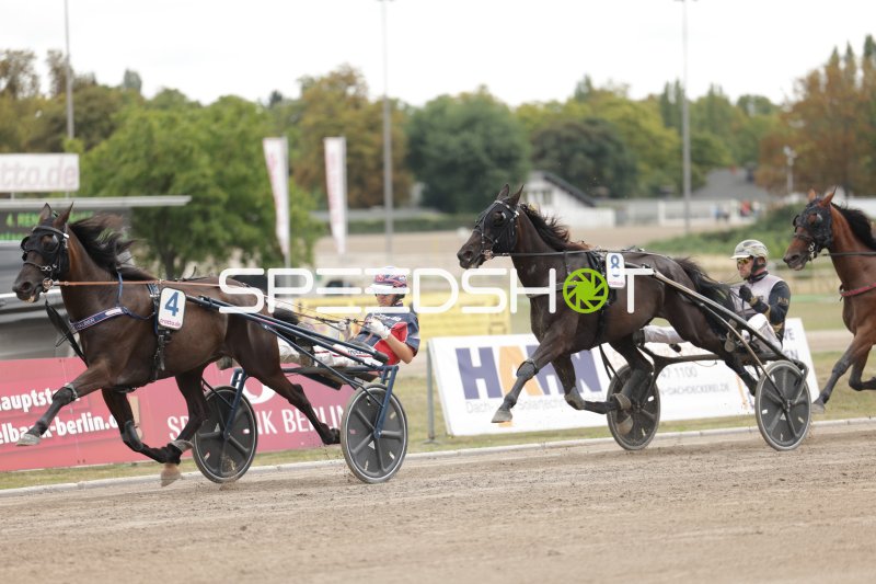 Trabrennen auf der Rennbahn Berlin Mariendorf – Sulky Nr. 4 und Nr. 8 im Duell