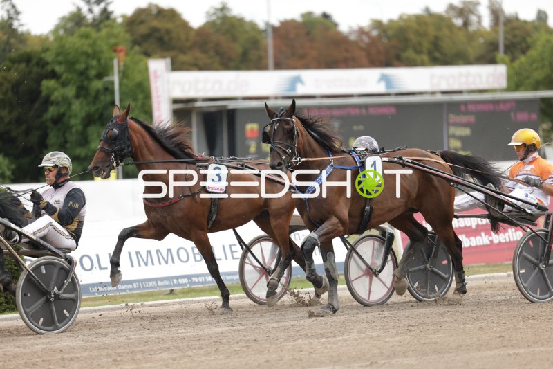 Trabrennen auf der Rennbahn Berlin-Mariendorf – Sulky Nr. 1 und Nr. 3 im Duell