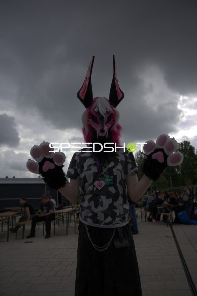 Fursuit-Träger mit Tiermaske und Pfoten-Handschuhen beim Outdoor-Event