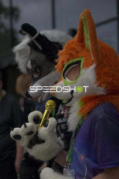 Fursuit-Träger mit goldenem Mikrofon auf Convention