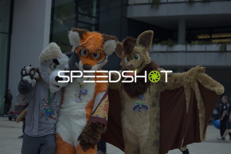 Drei Fursuit-Träger posieren gemeinsam vor dem CCH Hamburg