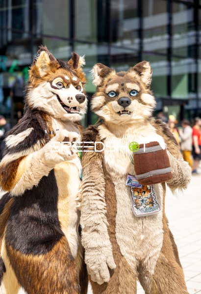 Zwei Fursuit-Träger posieren vor dem CCH Hamburg